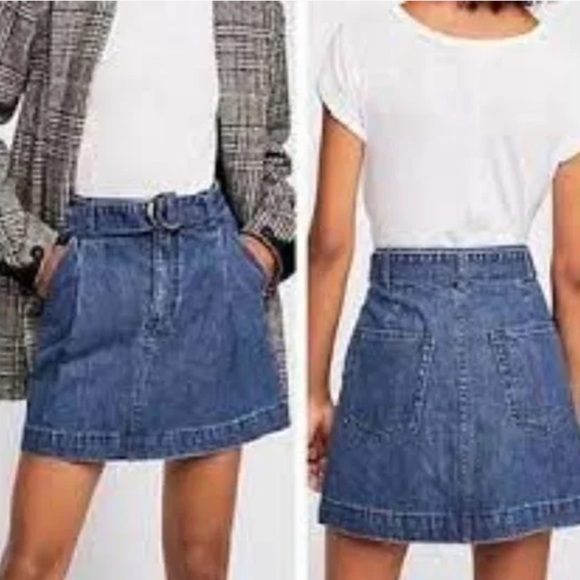 ✨NWT Free People Jade Medium Wash Belted Denim Skirt✨ - Picture 1 of 6